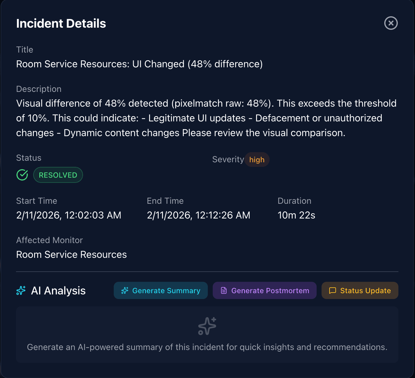 Incident details — 48% diff, 10m 22s duration