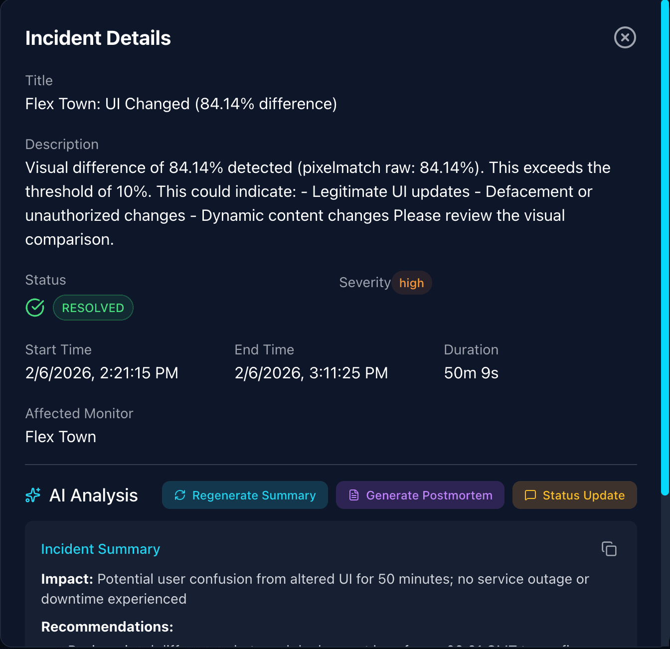 Incident panel — 84% diff, AI-generated summary