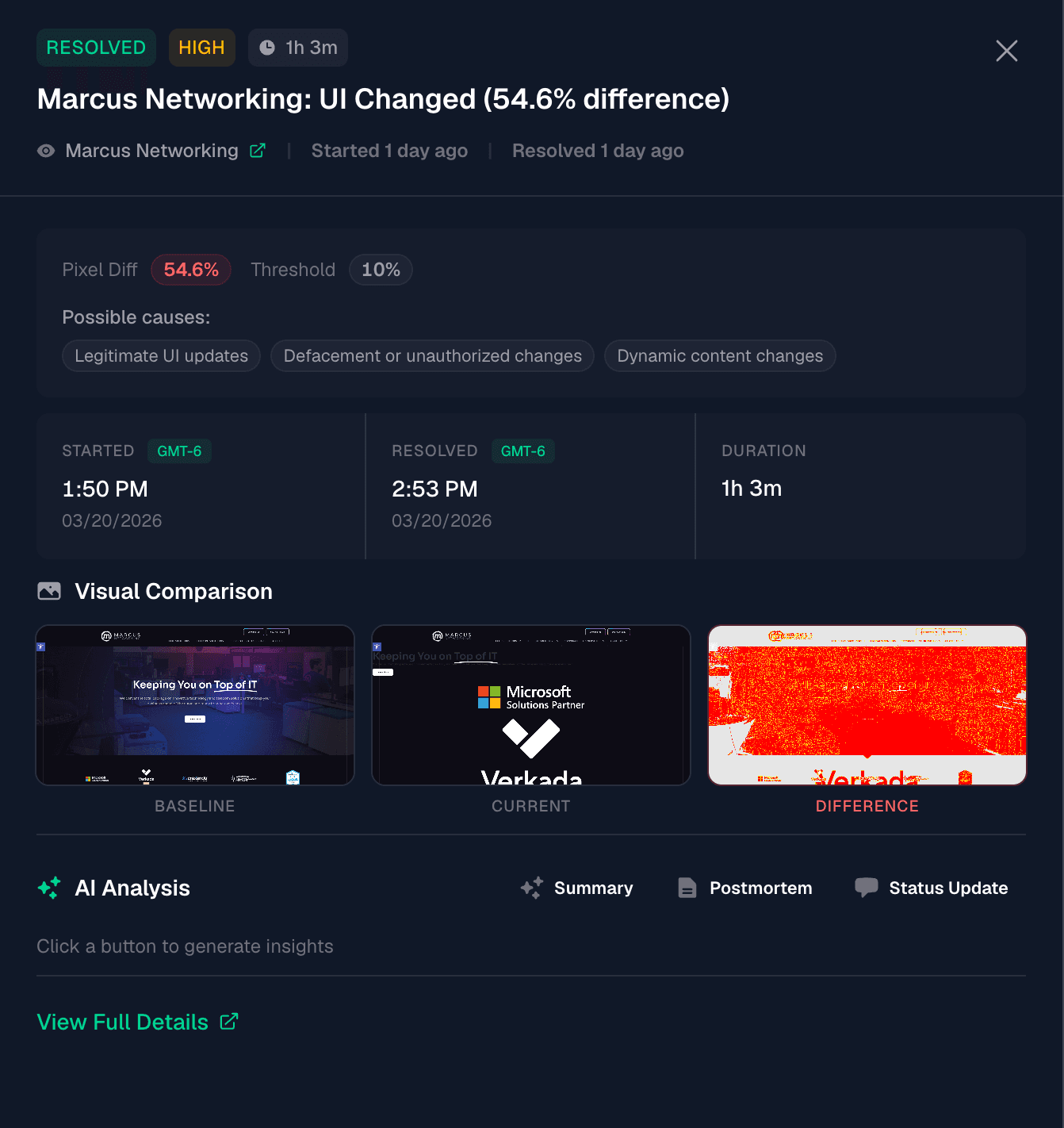 Incident detail with screenshots and timeline