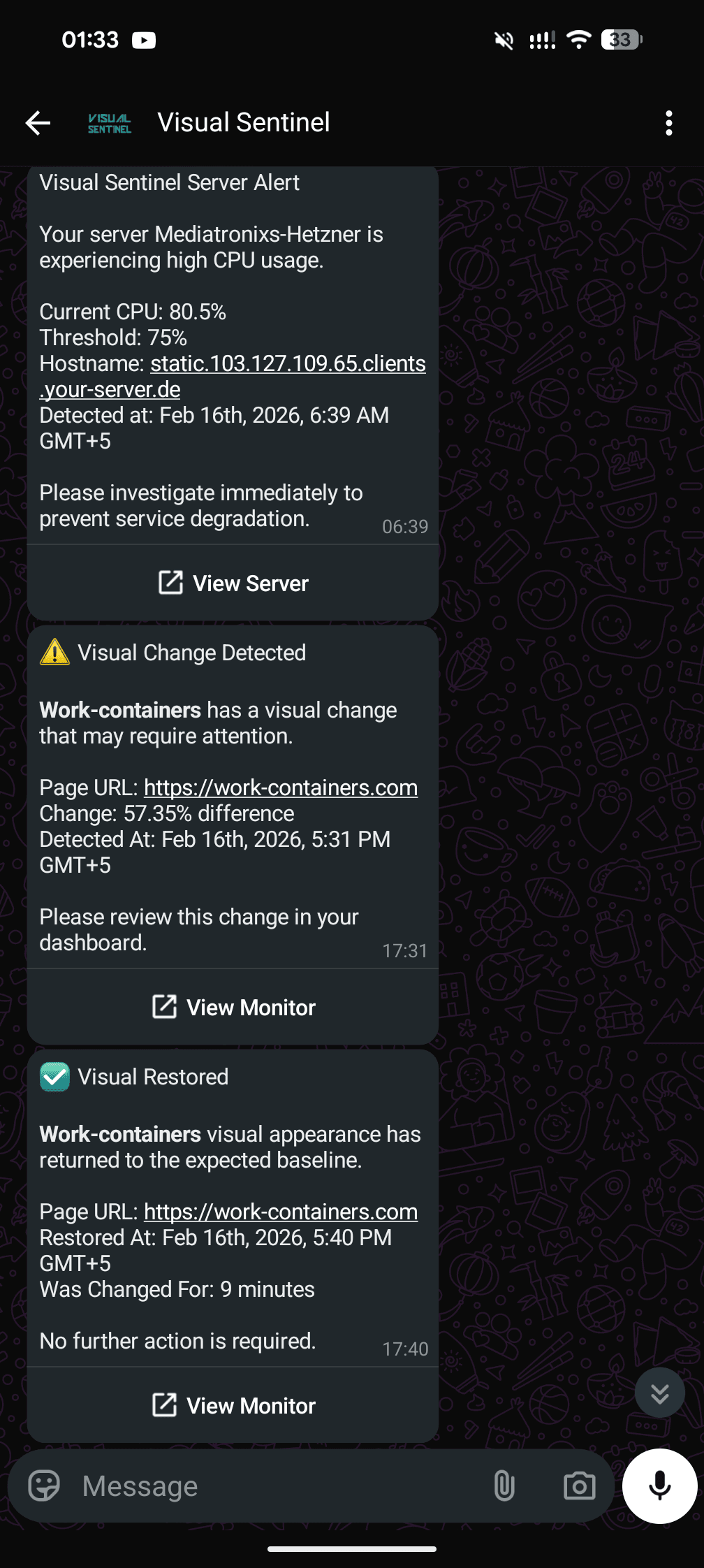 WhatsApp alert from Visual Sentinel on a phone